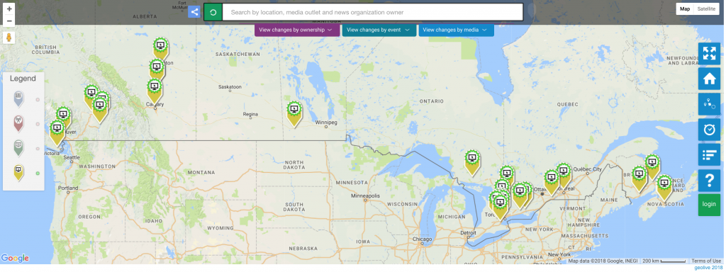 This map of Canada displays markers indicating the launch of new online local news outlets - there are very few.